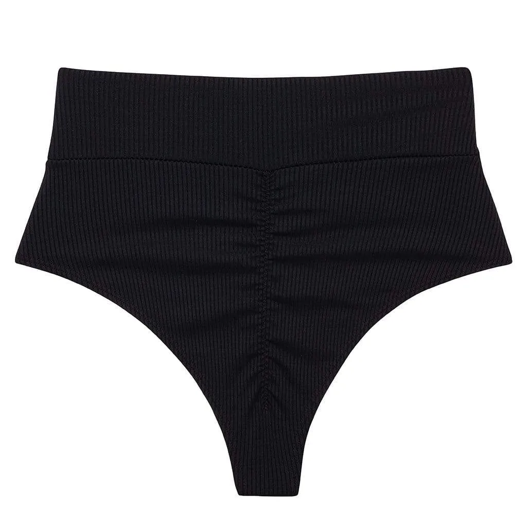 Black Rib Added Coverage High Rise Bikini bottom