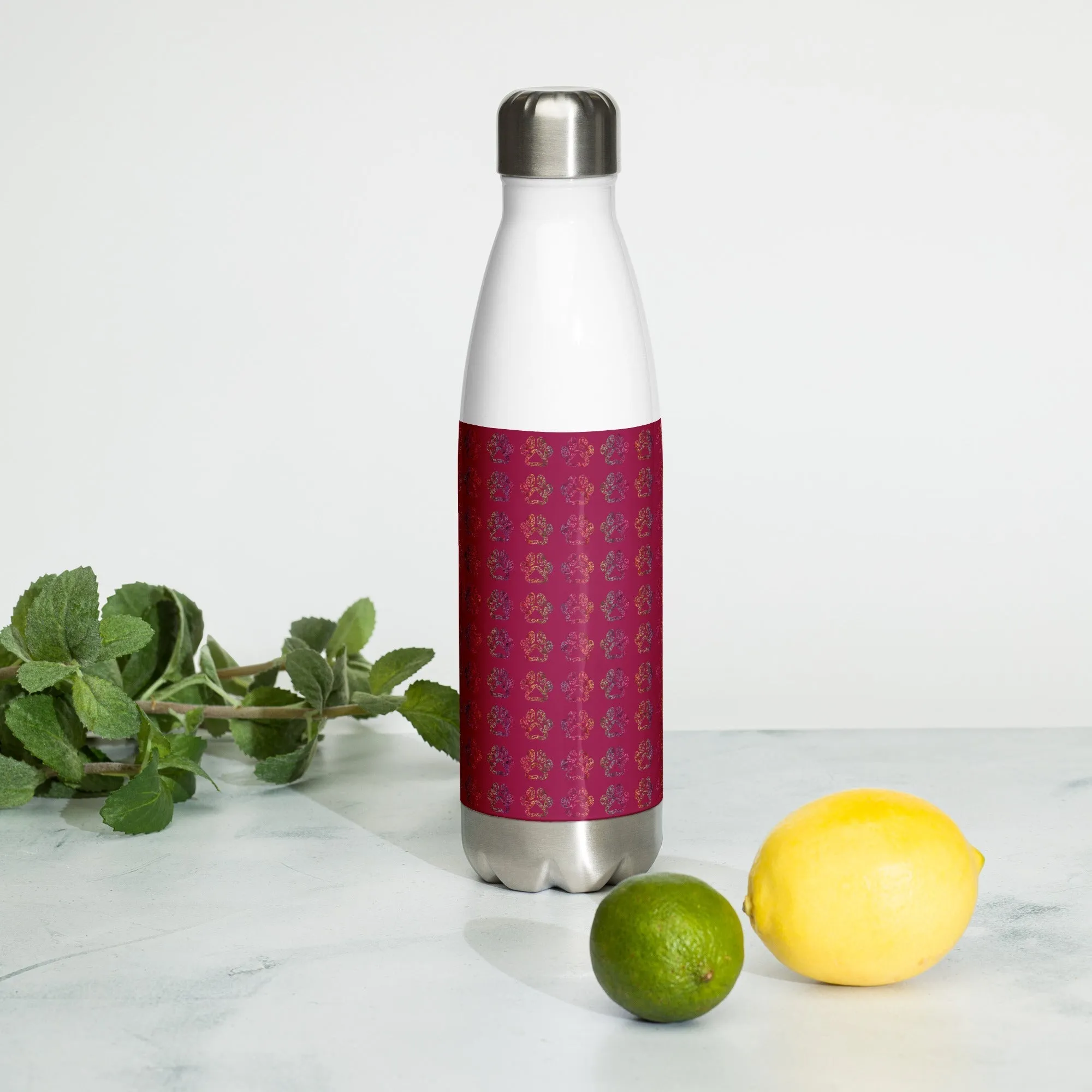 Burgundy Paw Prints Water Bottle