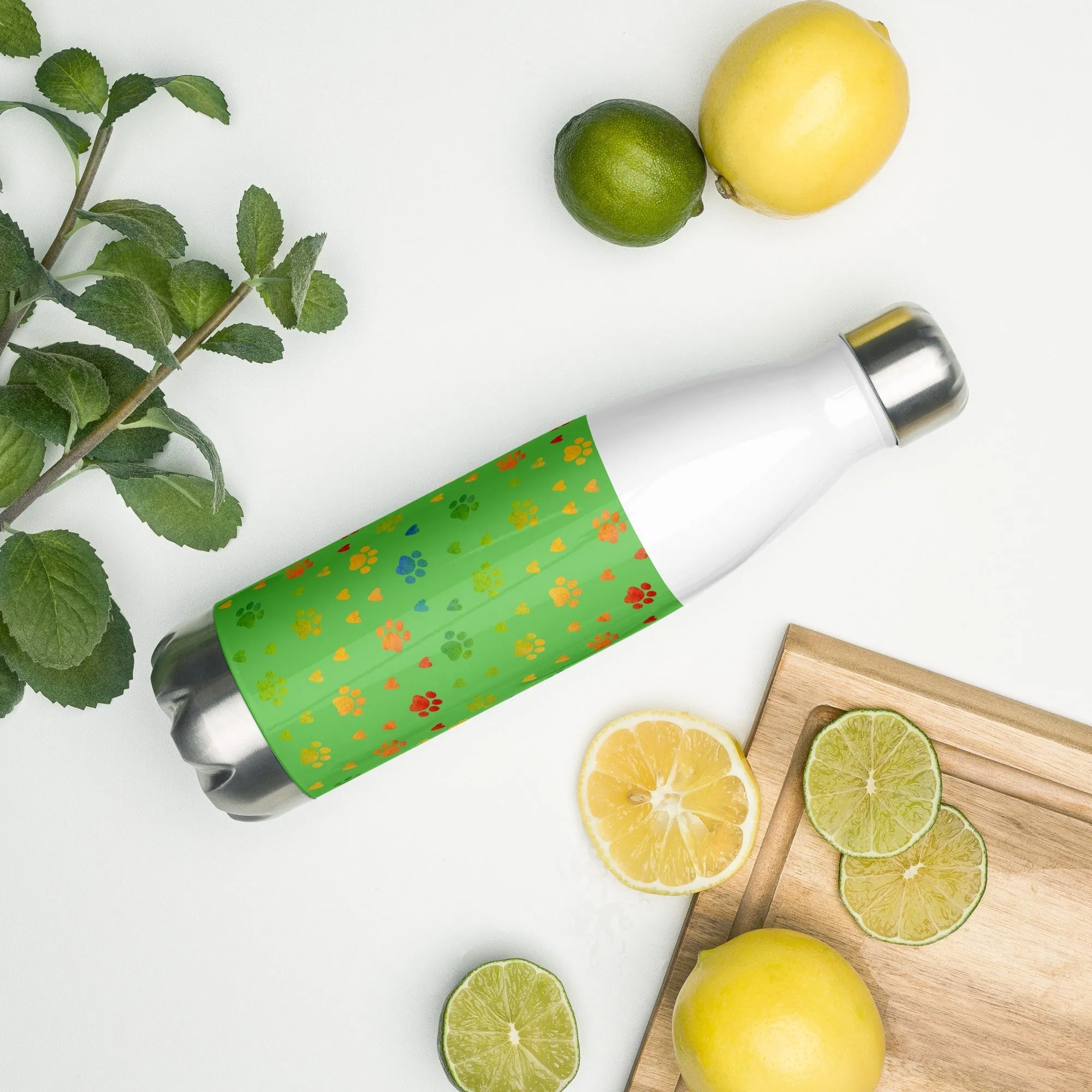 Green Paw Prints Water Bottle