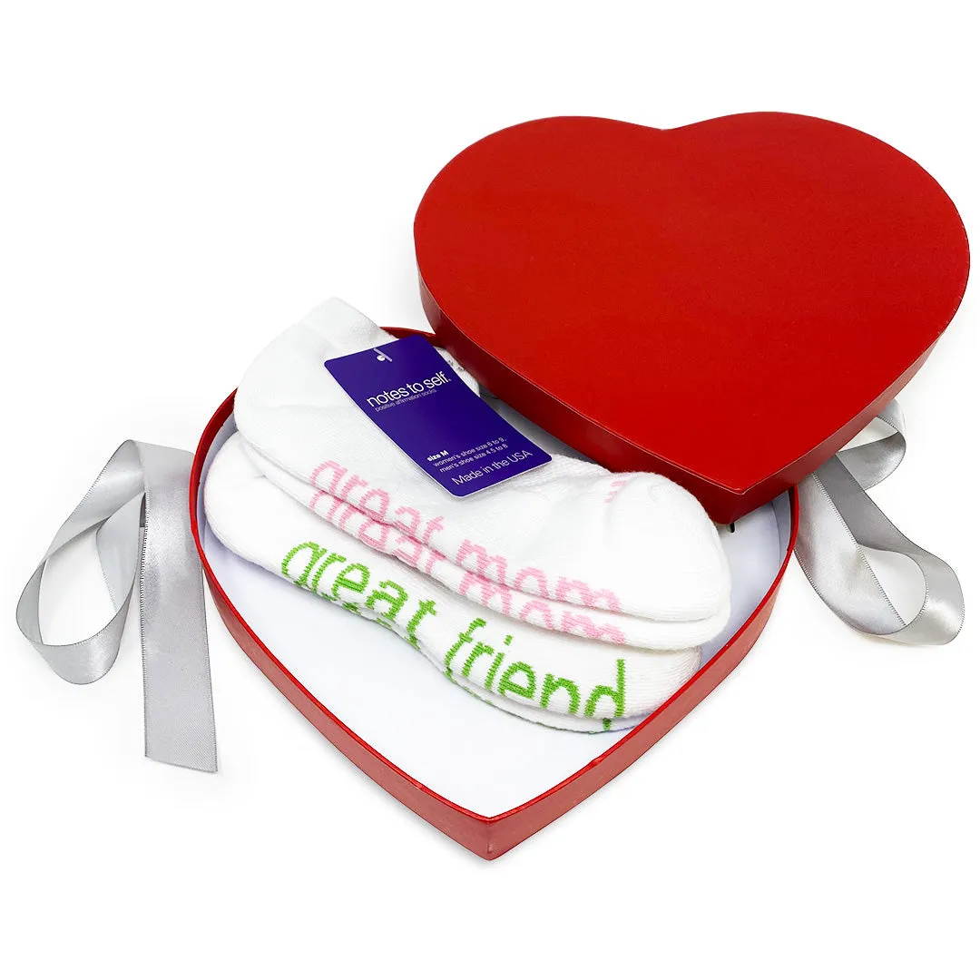 I am a great mom™   I am a great friend® socks in red heart box