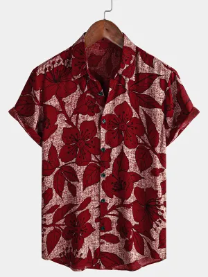 Men's Vintage Tropical Floral Resort Beach  Breathable Summer Short Sleeve Button Up Shirt