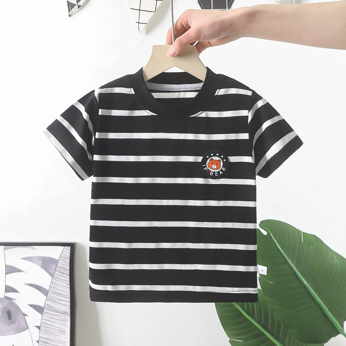 New Modal round Neck Top Summer Lapels Polo Shirt Boys' Thin Casual Striped Short Sleeve All-Matching T-shirt