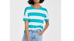 On 34th Women's Rugby Stripe Drop-Shoulder T-Shirt Laguna Cmb Size M