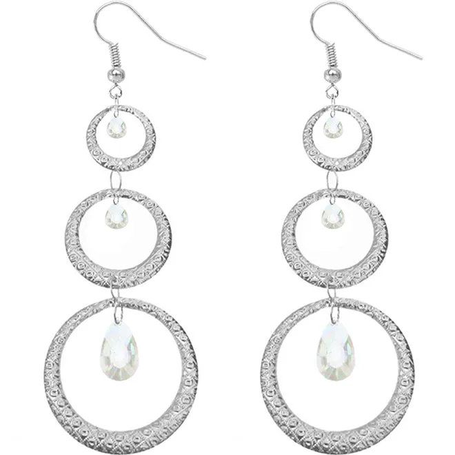Silver Long Triple Hoop Gemstone Earrings