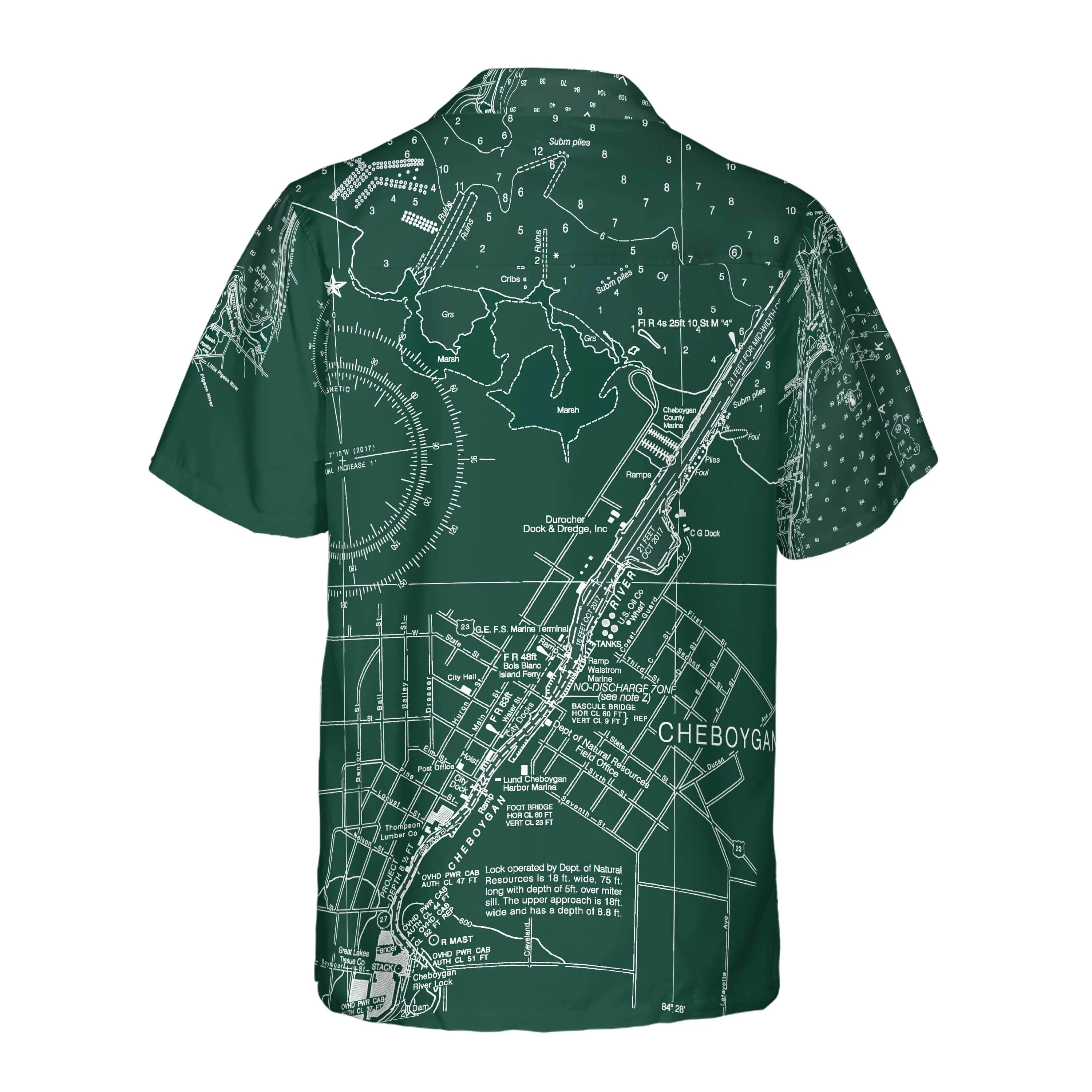 The Cheboygan and Mullet Lake Green and White Coconut Button Camp Shirt