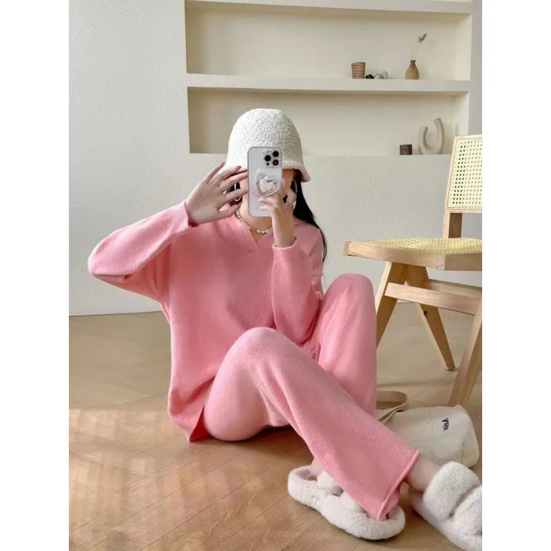 XIEYINSHE 2025Korean version of simple and loose casual sweater knitted suit women's New autumn and winter new polo collar wide-leg pants two-piece set