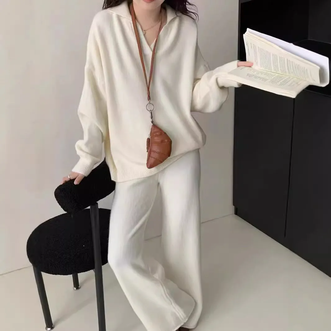 XIEYINSHE 2025Korean version of simple and loose casual sweater knitted suit women's New autumn and winter new polo collar wide-leg pants two-piece set