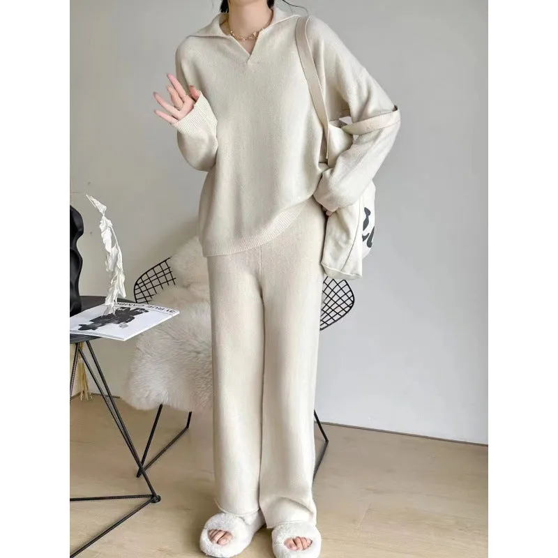 XIEYINSHE 2025Korean version of simple and loose casual sweater knitted suit women's New autumn and winter new polo collar wide-leg pants two-piece set