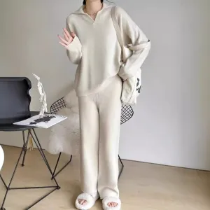 XIEYINSHE 2025Korean version of simple and loose casual sweater knitted suit women's New autumn and winter new polo collar wide-leg pants two-piece set