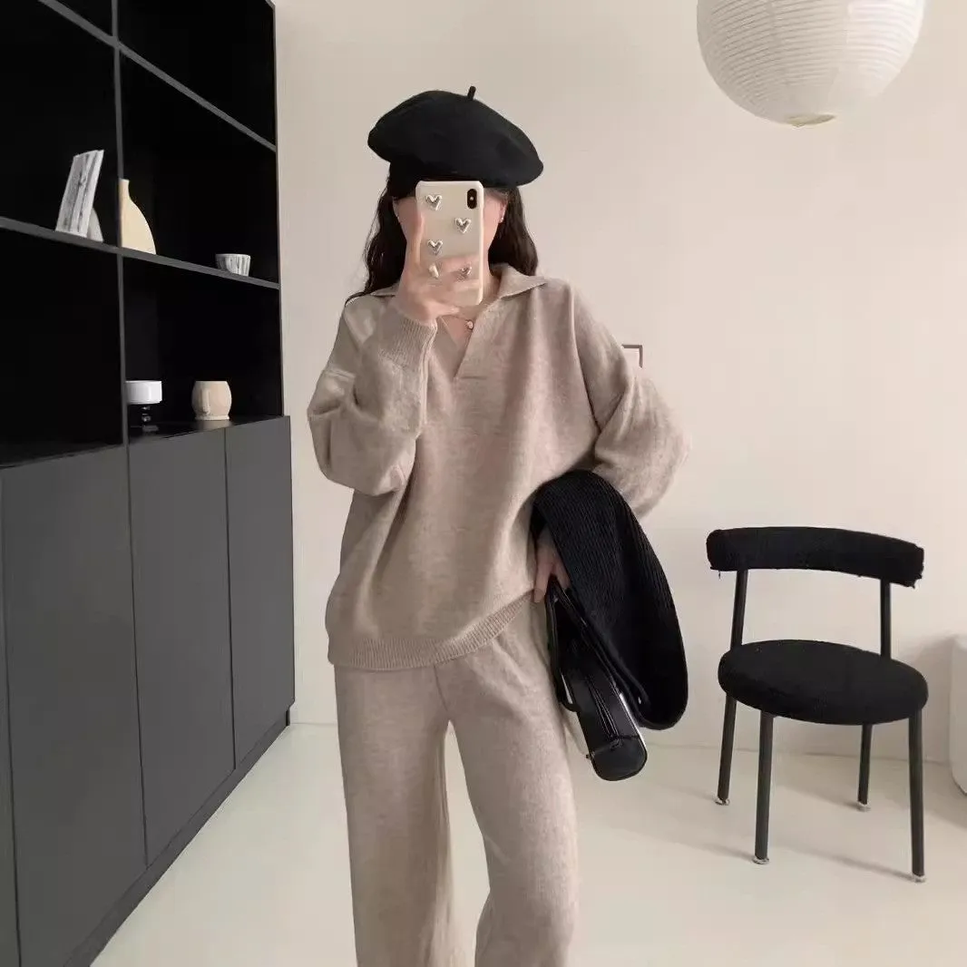 XIEYINSHE 2025Korean version of simple and loose casual sweater knitted suit women's New autumn and winter new polo collar wide-leg pants two-piece set