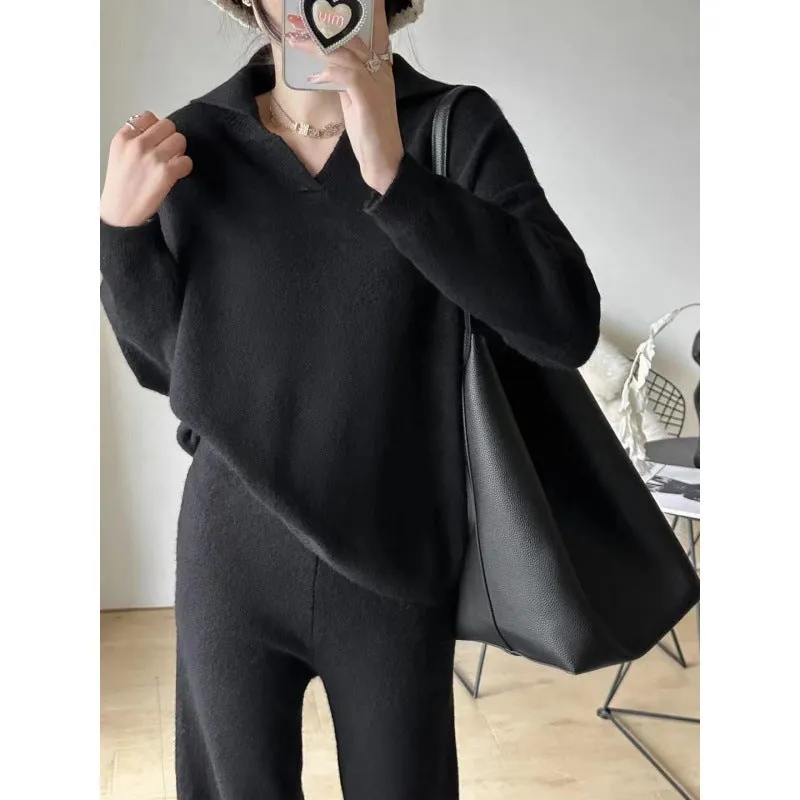 XIEYINSHE 2025Korean version of simple and loose casual sweater knitted suit women's New autumn and winter new polo collar wide-leg pants two-piece set