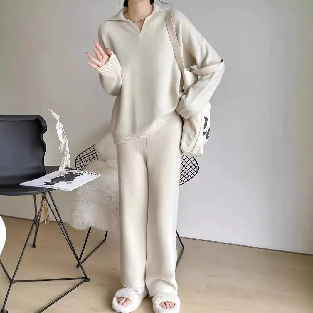 XIEYINSHE 2025Korean version of simple and loose casual sweater knitted suit women's New autumn and winter new polo collar wide-leg pants two-piece set