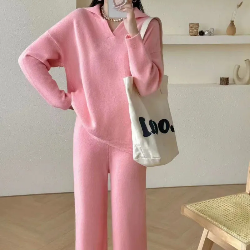 XIEYINSHE 2025Korean version of simple and loose casual sweater knitted suit women's New autumn and winter new polo collar wide-leg pants two-piece set