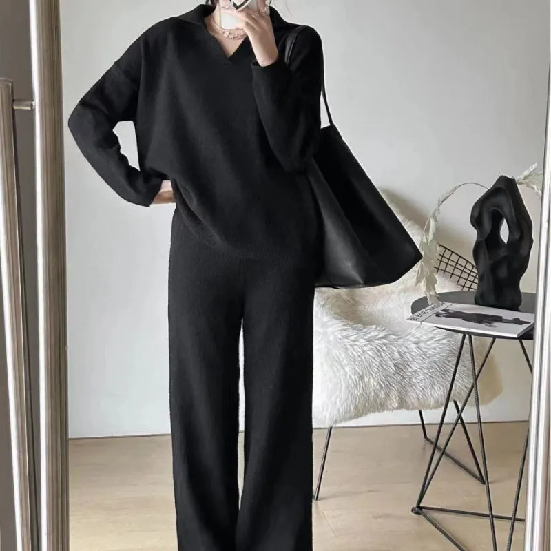 XIEYINSHE 2025Korean version of simple and loose casual sweater knitted suit women's New autumn and winter new polo collar wide-leg pants two-piece set