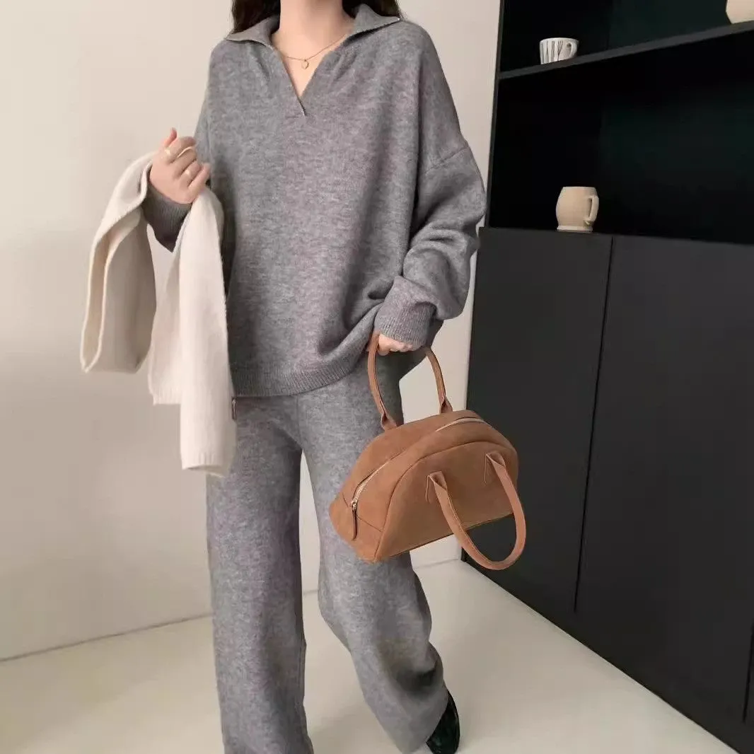 XIEYINSHE 2025Korean version of simple and loose casual sweater knitted suit women's New autumn and winter new polo collar wide-leg pants two-piece set